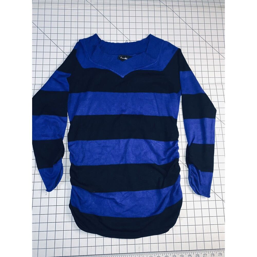 Love Always Sweater Blue Black Stripe Gathered Sides & Sleeves Lightweight GUC